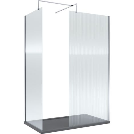 8mm Fluted Glass Walk In Wetroom Screen with Chrome Profile and Slate Grey Shower Tray - 1400 x 900mm (1/2)