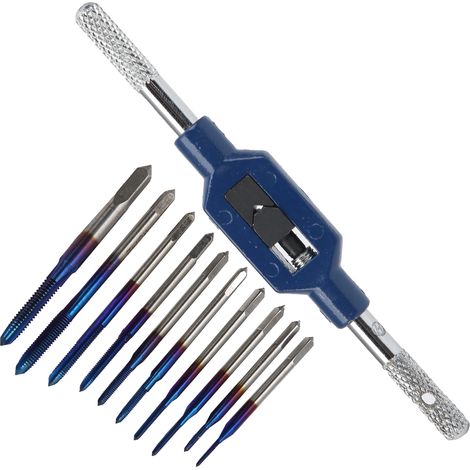 Machine taps, straight flute machine tap set, 10 pieces (M1 M1.2 M1.4 M1.6 M1.7 M1.8 M2 M2.5 M3 M3.5) Blued and includes a wrench. (1/5)