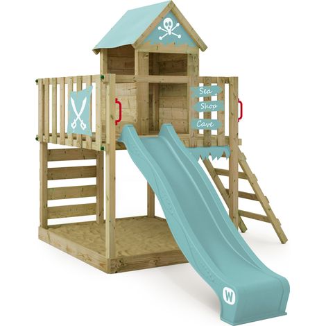 Holzspielhaus Wickey Smart Life mit Rutsche und Sandkasten in Himmelblau