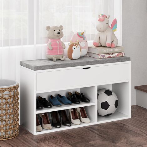 Banc à chaussures blanc assise rembourrée, 2 étagères et coffre relevable entrée salon chambre (1/5)