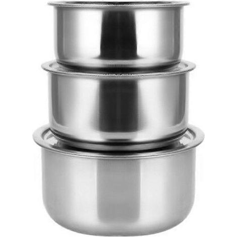 Set aus 3 Edelstahl-Kochtöpfen mit Deckel, Küchenutensilien und Suppentöpfen. (1/5)