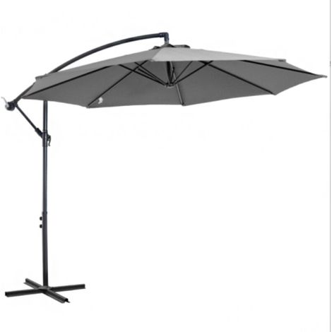 Parasol à manivelle, structure en acier et toile en polyester, gris, Ø 2,95 x 2,45 m, pour jardin, terrasse, balcon (1/4)