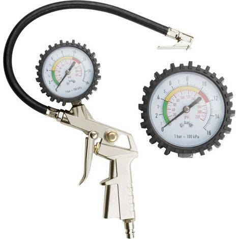 Manómetro de presión de neumáticos con bomba - Manómetro de aire para neumáticos - Infla neumáticos - Función 3 en 1 - 0-220 PSI - Plateado (1/5)