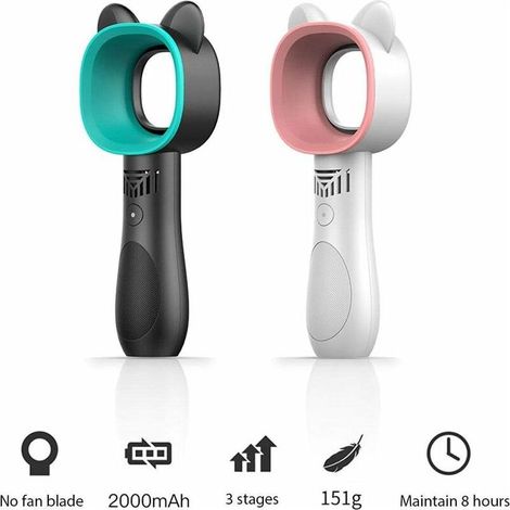 Tragbarer, blattloser Mini-Ventilator mit 3 Geschwindigkeitsstufen, wiederaufladbar, niedliche Katzenform, ideal für Schlafzimmer, Büro und Reisen (Grün) - Blau (1/5)