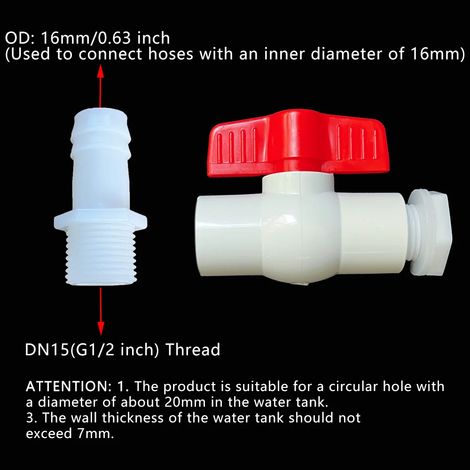 (Vanne 16 mm, 1 pièce - Autre) 1 vanne de réservoir d'eau, interrupteur de vidange, raccord de tuyau, régulation de débit, filetage G1/2 pouce DN15, plastique, pour l'irrigation de jardin et l'élevage (1/5)