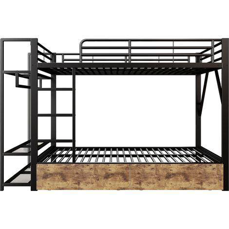 Lit superposé, 140 x 200 cm, cadre en fer, 2 tiroirs, plusieurs espaces de rangement, avec bande lumineuse LED, avec barre pour vêtements, matelas non inclus, noir (1/5)