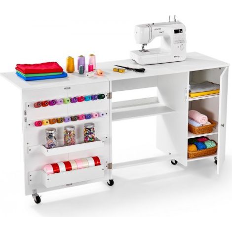 Nähtisch Nähschrank mit Rädern & Holzrahmen & Ablagefächer & magnetischer Tür, Nähmaschinentisch Mehrzwecktisch 40 kg belastbar für Bastelstation und Beistelltisch weiß (1/5)