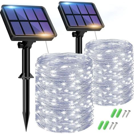 2 Stück Solar Lichterkette Aussen, 15M 150 LED Solarlichterkette Außen Wetterfest 8 Modi IP65 Wasserdicht Kupferdraht Lichterkette Außen Solar Outdoor für Garten Baum Hof Party (Kaltweiß) (1/5)
