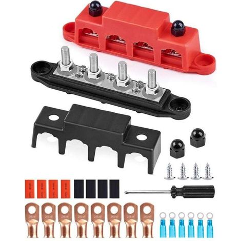 Bloc de Distribution bloc de 12V-48V DC BusBar 250A avec 4 x M8 Boulons,Barres de Distribution D'énergie 5/16",Bloc de Connexion de Batterie pour Voitures, Camping-Cars, navires, Yachts (M8)-Crezuo