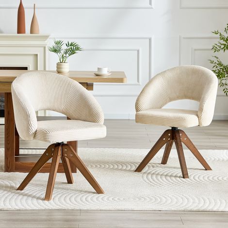 2 chaises rotatives rétro blanc matériau pieds en bois noix