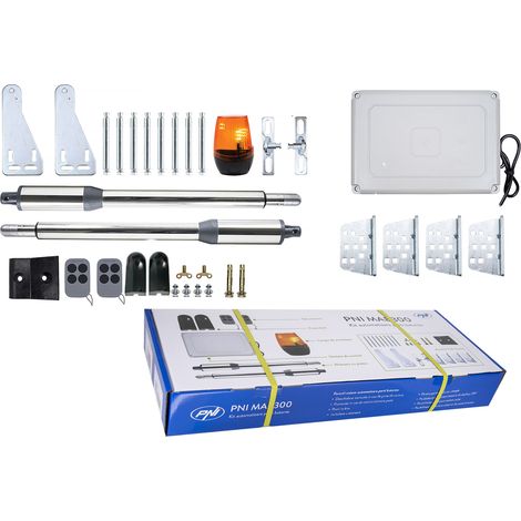 Kit di automazione porte a battente PNI MAB300, con 2 motori da 40W, telecomandi e pannello di controllo, fotocellule e lampada, lunghezza cancello 2 x 2,5m max, peso cancello 200Kg