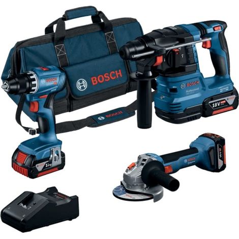Kit 3 utensili 18 V trapano avvitatore + martello perforatore + smerigliatrice + 3 batterie 18 V – 4 Ah + caricabatterie + borsa
