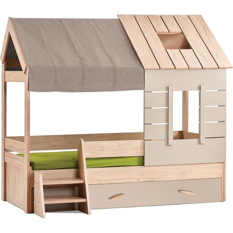 Bett Häuschen + Schublade grau 90x200cm