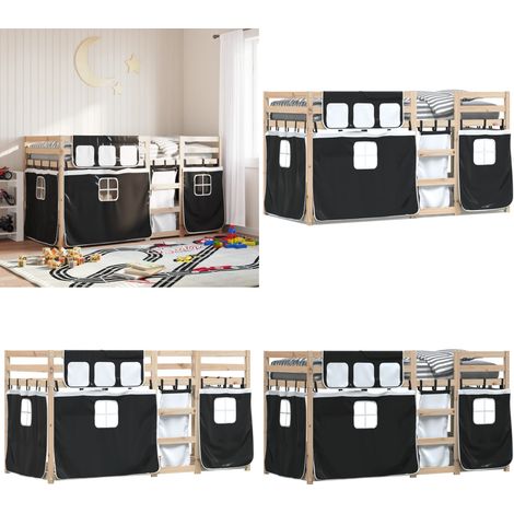 Etagenbett mit Vorhängen Weiß Schwarz 90x200 cm Kiefernholz - Kinderzimmermöbel - Etagenbett - Hochbett - Jugendzimmer - Kiefernholz - Home & Living (1/5)