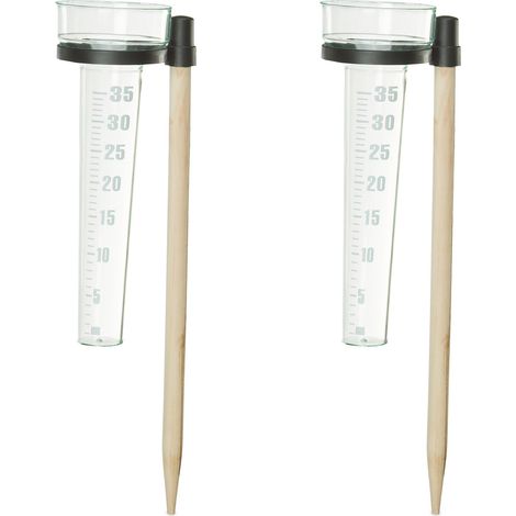 Relaxdays Regenmesser 2er Set, mit Stab, Niederschlagsmesser Garten, Skala 35mm/m², Kunststoff & Holz, natur/transparent