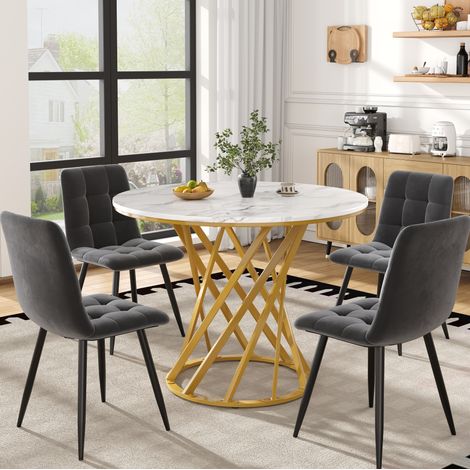 Set tavolo da pranzo 5 pezzi rotondo 80 cm, piano MDF effetto marmo, gambe in metallo grigio DESVIAE (1/5)