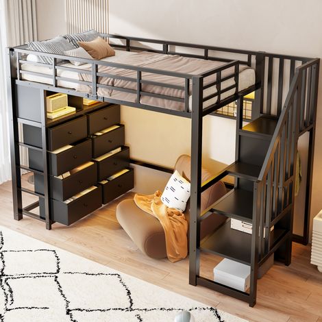 Cama alta 90/200 cm negra con 8 cajones, LED y armario integrado (1/5)