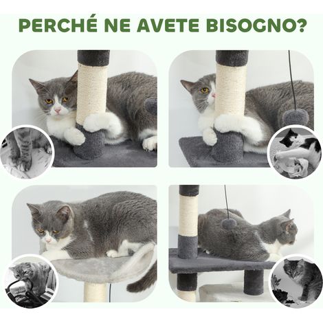 Arbre à chat gris 85 cm avec niche, hamac, poteaux et tapis à griffer, coussin pour griffades et repos (1/5)