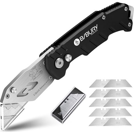 Universal knife, universal folding knife, portable carpet cutter, carpet cutter with extra 10 SK5 stainless steel blades, easy release button, belt clip (1/5)