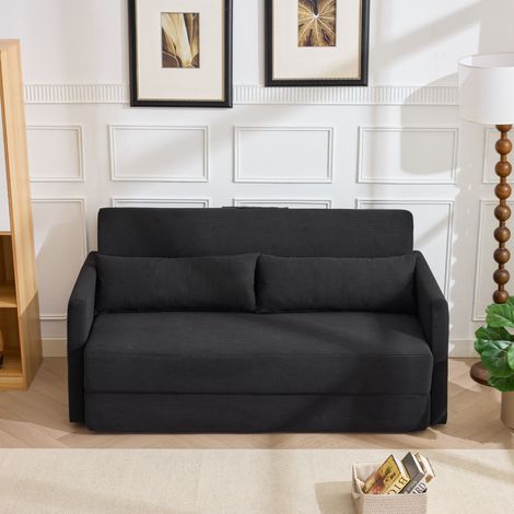 Sofá cama 2 plazas 165/92/82 cm negro en pana, plegable con 2 cojines lumbares y bolsillos laterales (1/5)