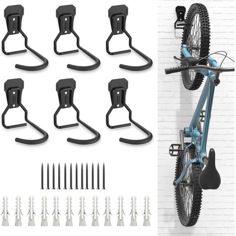 Lot de 6 Crochets Vélo, Supports de Cintre de Vélo en Fer, Support Mural de Rangement pour Vélos Robuste en Forme de L, Support Vertical de Vélo Pratique pour Maison Garage, Noir (1/2)
