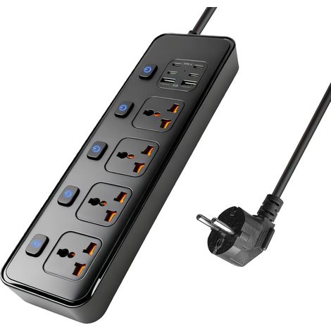 Multipresa universale con interruttore, adattatore per spina europea, 4 prese, 4 porte USB-C, 2 porte USB, interruttore individuale, 3000 W, prolunga da 1,8 m, multipresa protetta. (1/5)