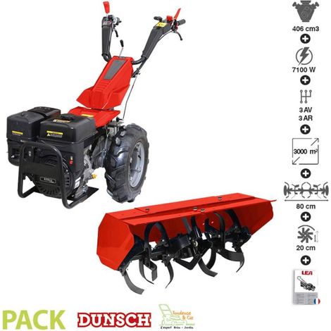 Motoculteur diesel 418cc 7,1 kW – Transmission à engrenages 3 vitesses – Guidon réversible 180° – Pneus 5.00-10 pour terrains accidentés – Dunsch