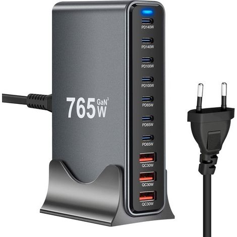 765-W-USB-Ladestation，10 Anschlüsse (7 USB-C + 3 USB-A) mit Schnellladefunktion，kompakter Multi-Geräte-Ladehub，iPhone 16/15/14，Galaxy S22/S20 (1/5)