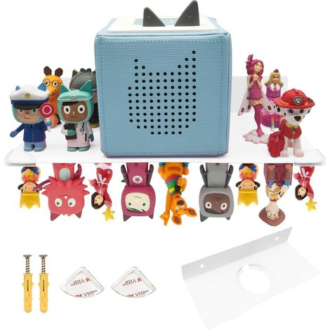 Étagère Tonie en Métal Magnétique  Support Mural pour 20 Figurines + Boîte  Rangement pour Toniebox avec Découpe (Acier Inoxydable, Blanc)