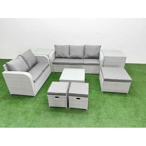 Fimous 8 Seater PE Rattan Wicker Garden Furniture Patio Conservatory Sofa Set with Square Coffee Table 3 Seater Sofa Love Sofa 3 Stool 2 Side Table (1/4)