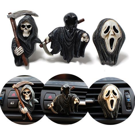Lot de 3 désodorisants pour voiture à clipser sur les grilles d'aération : squelette fantôme d'Halloween, accessoires de décoration intérieure. (1/5)