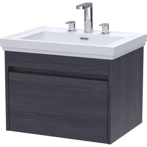 Swainsley Contemporary Wall Hung 1 Drawer Vanity Unit with Traditional 3 Tap Hole Fireclay Basin, 600mm, Graphite Grey Woodgrain (1/4)