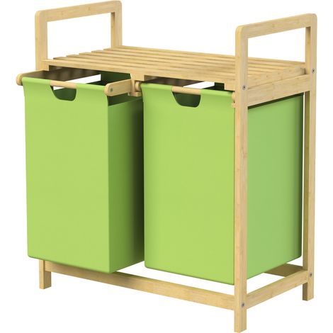 ML-Design Cesto Portabiancheria con Struttura in Bambù e 2 Scomparti 2x30L Mobile Portabiancheria Verde con Maniglie e Ripiano, Raccoglitore adatto per il Bagno o Sacchi Estraibili, 63 x 33 x 73 cm (1/4)
