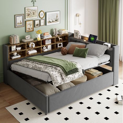 Bett modern gepolstert aus Samt Dunkelgrau 140x200 cm mit multifunktionalem Kopfteil, hydraulischem Stauraum und USB (1/5)