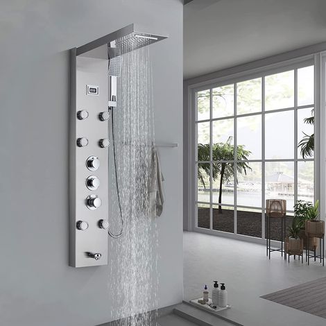 SUGUWORD Thermostatic Shower Tower Panel Temperature Screen 5 Functions,Rainfall and Waterfall Shower Head+Hand Sprayer+Massage Jets+Tub Spout,3 Handles Thermostatic Control Brushed Nickel