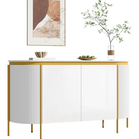 CHICFURN Buffet bas 140 x 38 x 80 cm en MDF blanc, ovale, 4 portes et rangement (1/5)