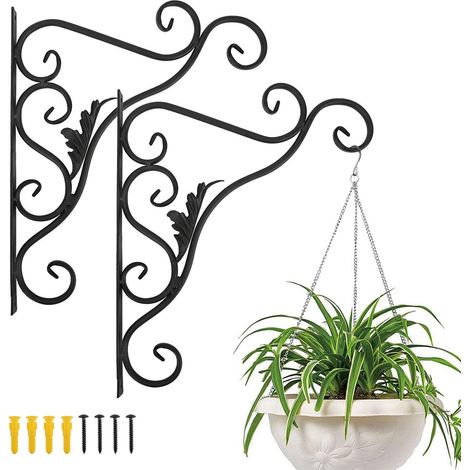 Balcony Wall Plant Stand, Set of 2, European Retro Leaf Shape Wrought Iron Hanging Hook for Basket Lanterns with Screws, Outdoor Decoration for Garden Balcony - Black Painted (1/5)