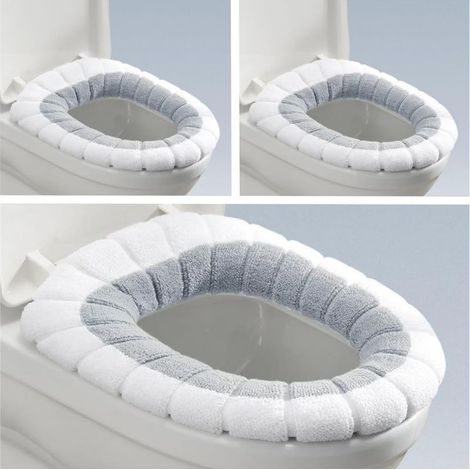 3-teiliges Set – WC-Sitzbezug – WC-Kissen – Antibakteriell und dehnbar für O- und eckige WC-Sitze – Warm und weich – Grau – 42 x 33 cm (1/5)