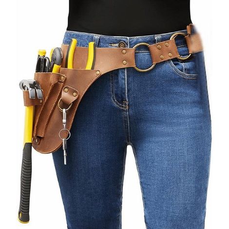 Sacoche de rangement pour outils de jardin, sacoche banane portable pour jardiniers, menuisiers et plombiers, sac en cuir PU, marron. (1/2)