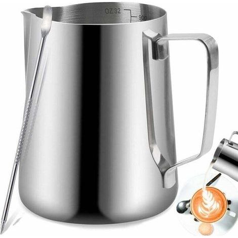 Pot à Lait en Acier Inoxydable Barista 350ml(12oz) Pichet à Lait Pot pour en Acier Inoxydable Le Café la Mousse de Lait Cappuccino et Latte (Argent 12oz/350ml)-Fei Yu (1/4)