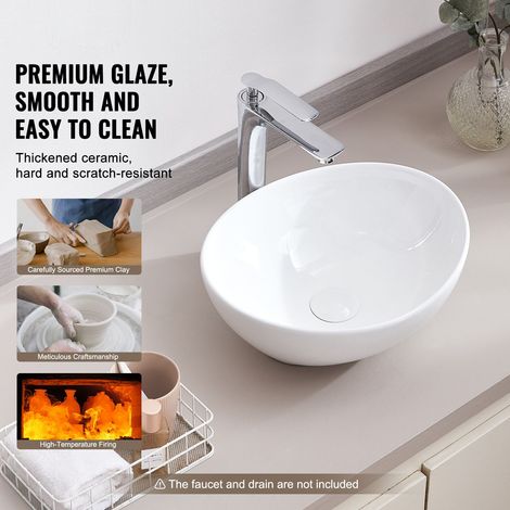 Lavabo Vasque Ovale en Céramique Blanche 40.6x34 cm, Bac Lavabo Sur Meuble Salle de Bain Moderne, Livraison Protégée Hôtel Camping-car WC (1/5)