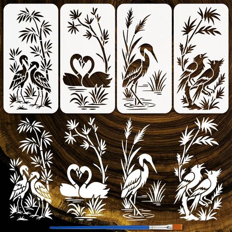 4Pcs Pochoir Oiseaux Plantes et Hérons Avec Un Pinceau pour Peinture Pochoir Réutilisable pour Oiseaux Des Marais et Zones Humides 30x15cm Motif Hérons Cygnes Animaux pour Décor Sol Mur (1/5)