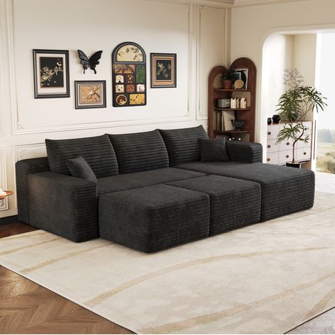 Divano angolare 241x151x58 cm, senza montaggio, schiuma elastica, tessuto a coste, nero (1/5)