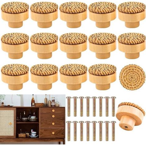 16 boutons d'armoire, boutons de meubles en rotin, poignées en bois pour armoires, poignées de tiroir, poignées de cuisine, poig (1/5)
