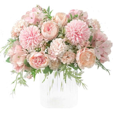 Fleurs artificielles rose pâle, bouquet de 7 pivoines brodées en soie, œillets en plastique, composition florale réaliste pour la décoration de table