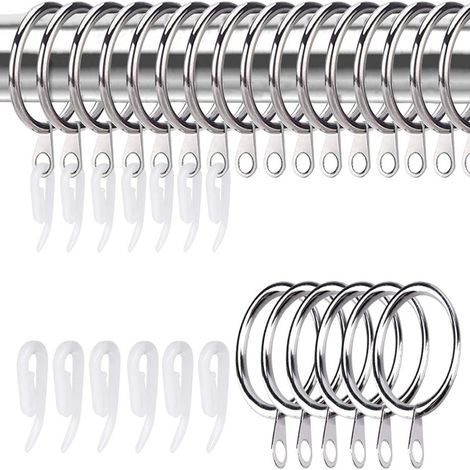 Lot de 25 anneaux de rideaux en métal argenté et crochets en plastique Diamètre intérieur 30 mm pour suspendre rideaux, douches, portes, fenêtres et tringles à rideaux (1/5)