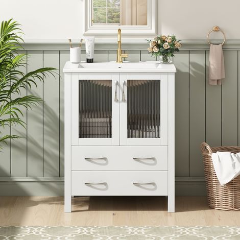Meuble vasque sur pied de 61 cm, blanc brillant, avec vasque en céramique, portes en verre cannelé, tiroirs de rangement, poignées argentées, robinetterie non incluse. (1/4)