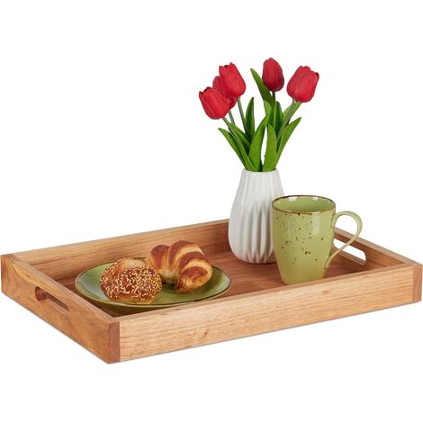 Relaxdays Vassoio da Portata con Manici, Legno di Noce, 5 x 46 x 31 cm, Portatazzine, Centrotavola Svuotatasche, Marrone