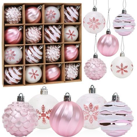 Boules de Noël Rose, 16pcs Boule d'arbre de Noël 6cm, Ornement de Sapin de Noël, Peint Boule Noel Plastique Rose Blanc avec Lanière pour Decoration Sapin Noel Intérieure ou Extérieure (1/4)