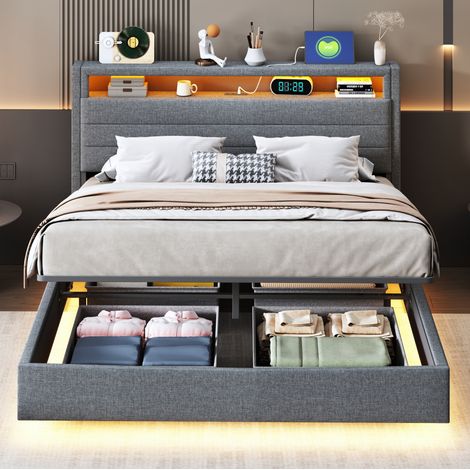 DESVIAE Lit double rembourré 140 x 200 cm avec rangement hydraulique LED USB tête de lit pivotante gris (1/5)